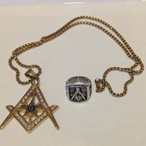 Masonic Pendant Necklace and Silver Ring Set